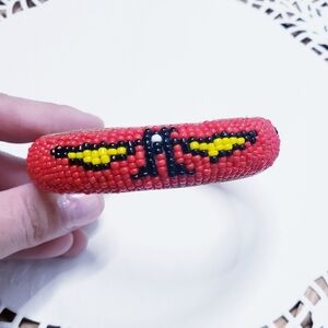 Red Native American Seed Bead Bangle with Thunderbird Figure 0096